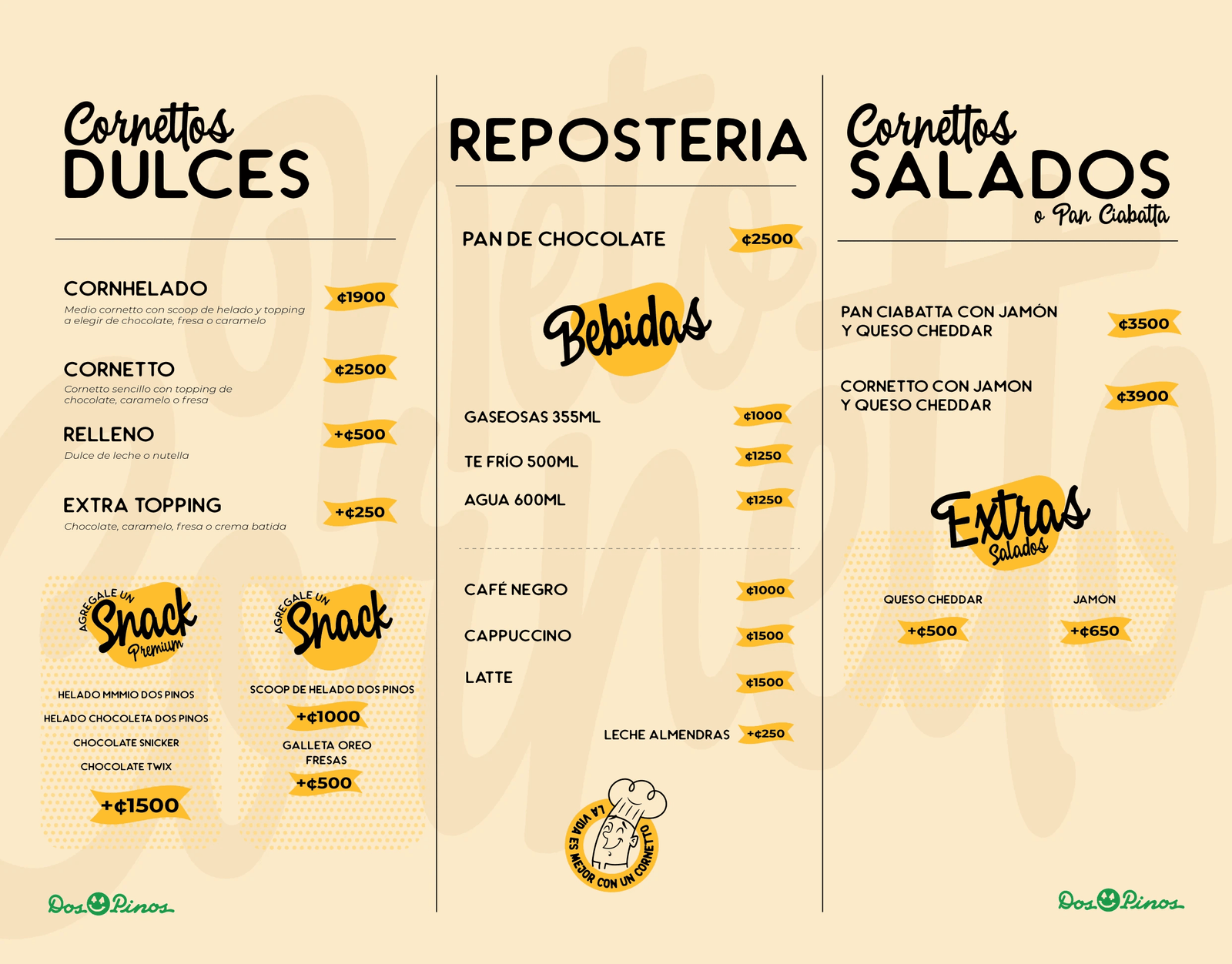 Menú de Neto Cornetto con cornettos dulces, repostería, bebidas y salados